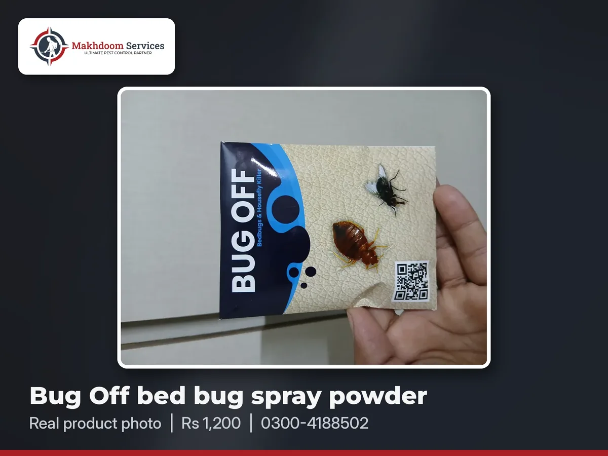 Hand holding a Bug Off bed bug spray powder pack used to get rid of bed bugs at home