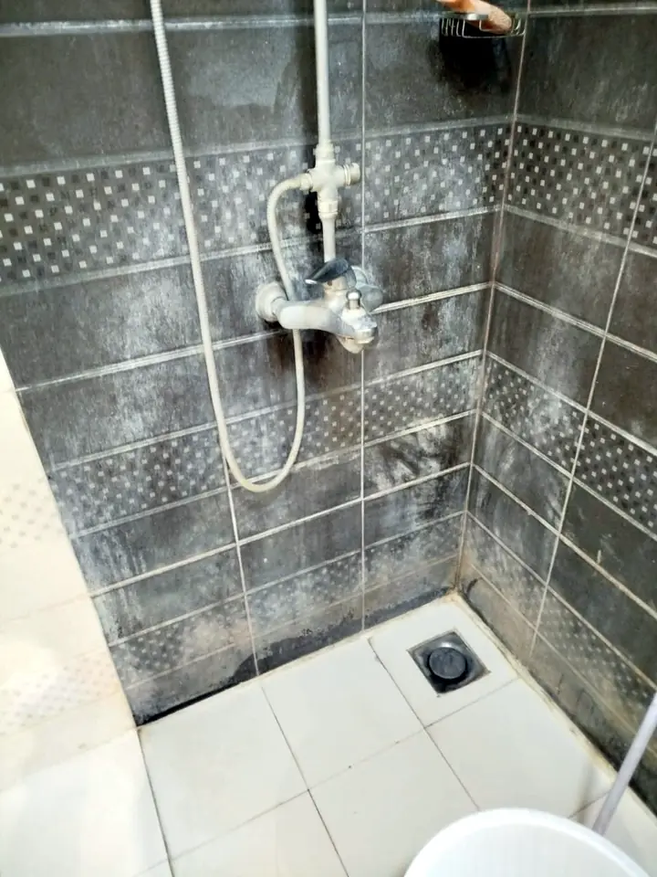 Shower area before deep cleaning: limescale and soap scum on dark wall tiles