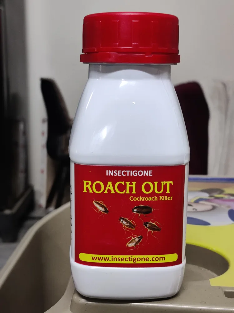 Roach Out 100 ml concentrate bottle used to get rid of cockroaches in the kitchen