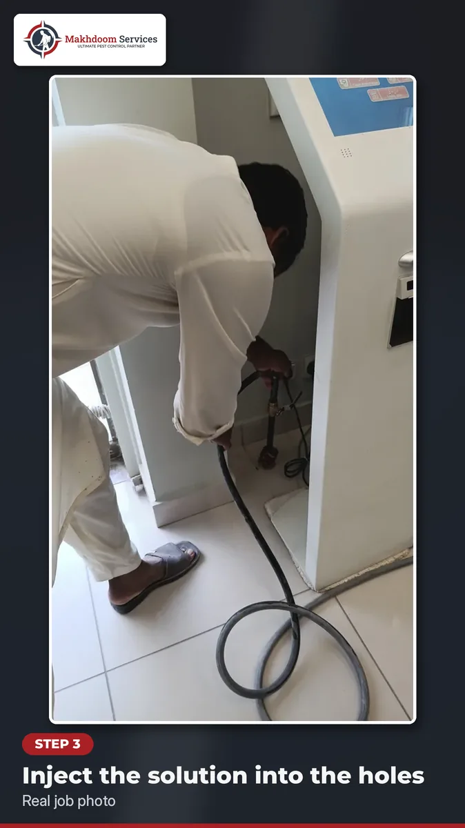 Step 3 of termite treatment at home: injecting Termisol solution into drilled holes