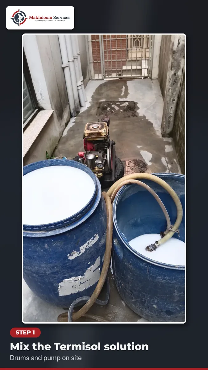 Step 1 of termite treatment at home: mixing Termisol solution in drums with a pump